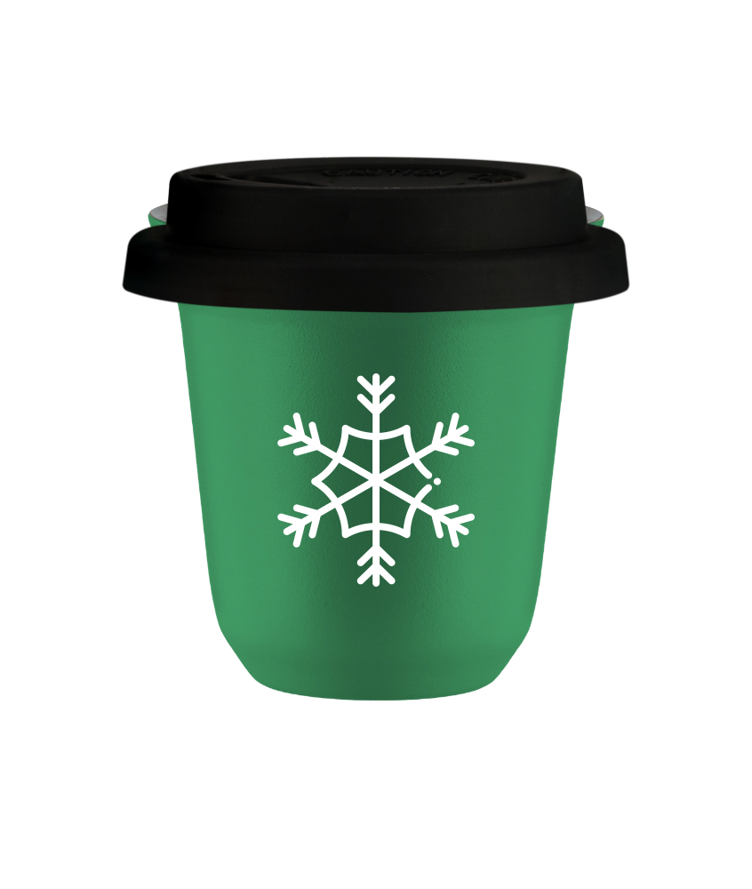 Kubek 150 ml ZIELONY "Śnieżynka (biały)", z czarną pokrywką
