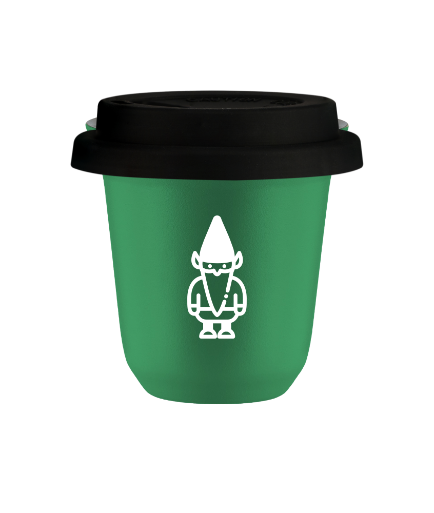 Kubek 150 ml ZIELONY "Krasnal 2 (biały)", z czarną pokrywką