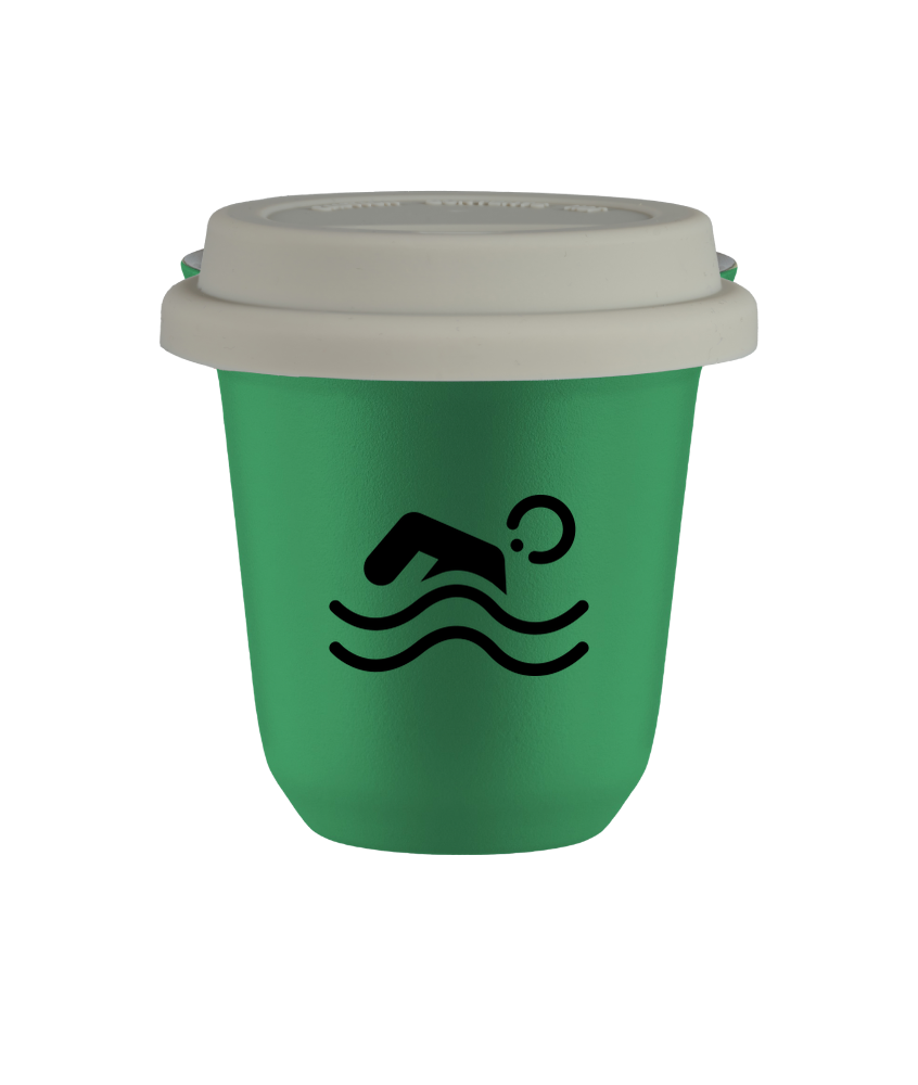 Cup 150 ml GREEN "Swimming (black)", with white lid
