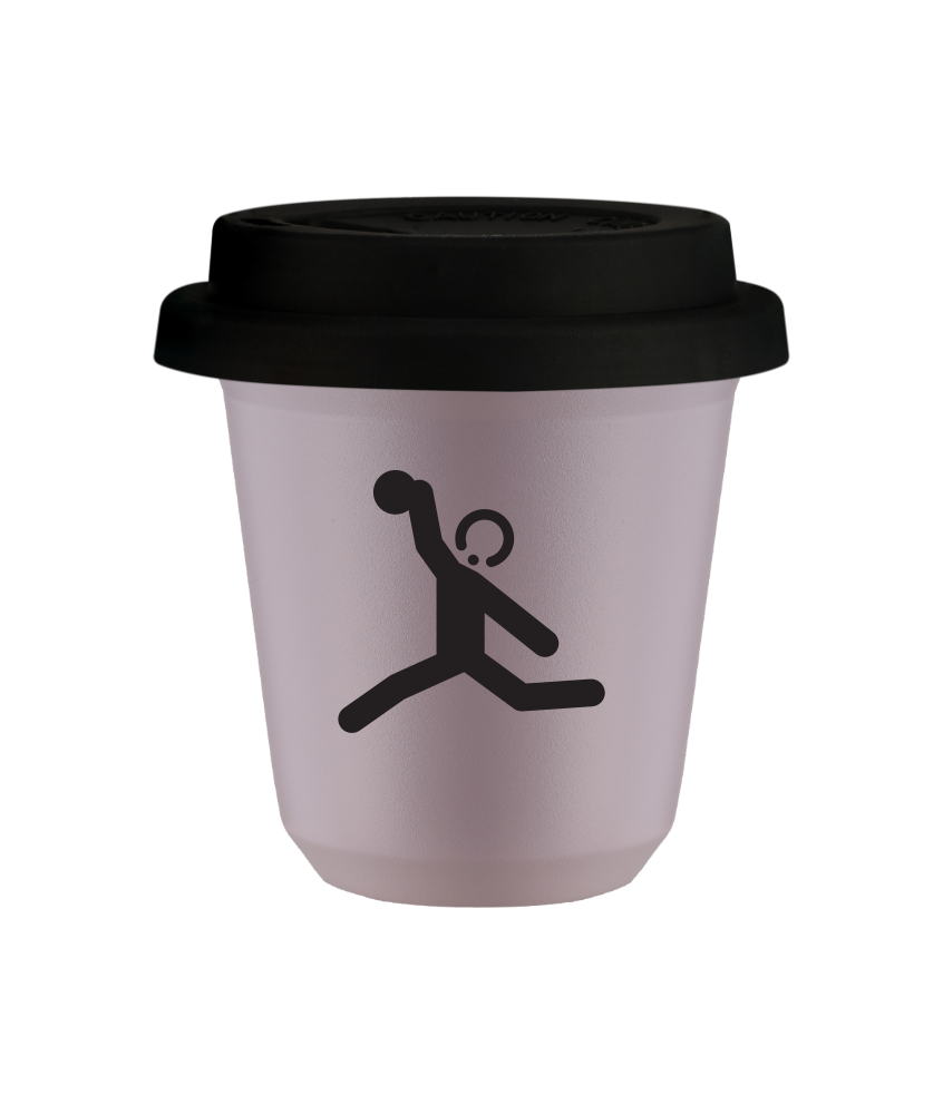 Kubek 150 ml LAWENDOWY "Rzut dyskiem (czarny)", z czarną pokrywką