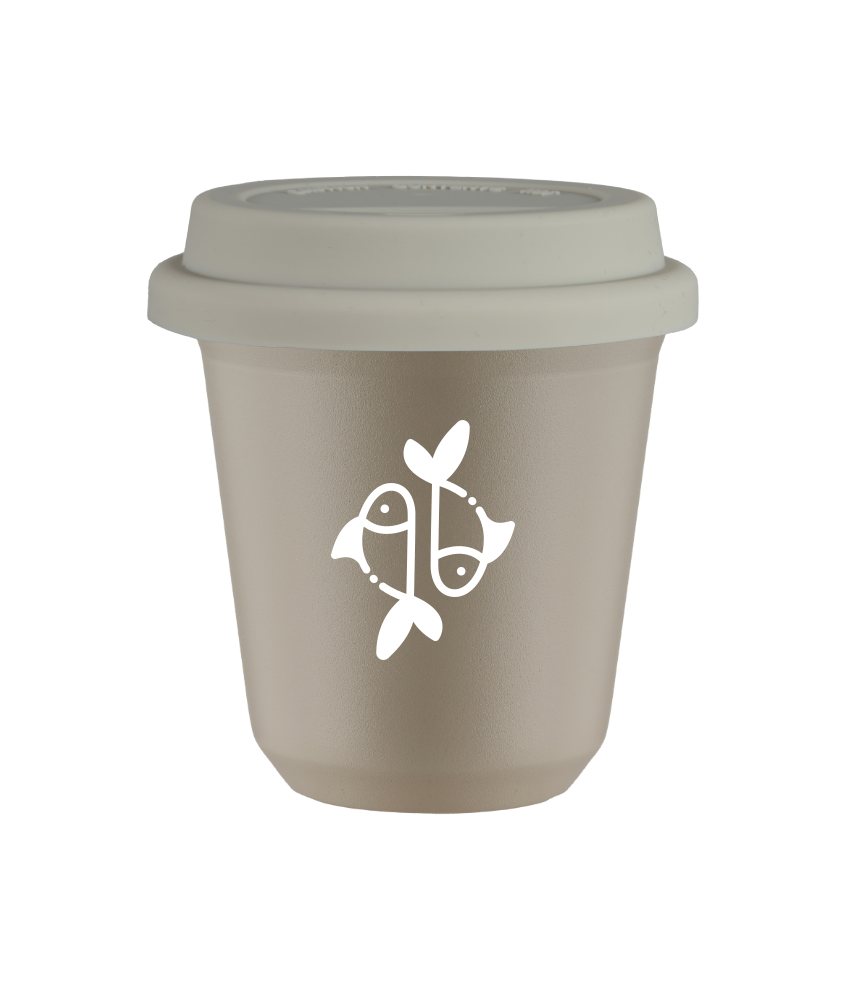 Kubek 150 ml BEŻOWY "Ryby (biały)", z białą pokrywką