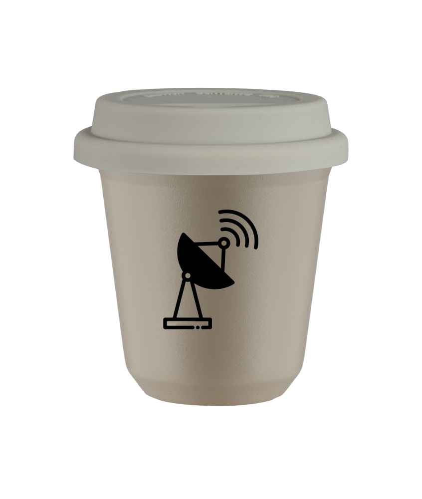 Kubek 150 ml BEŻOWY "Antena (czarny)", z białą pokrywką