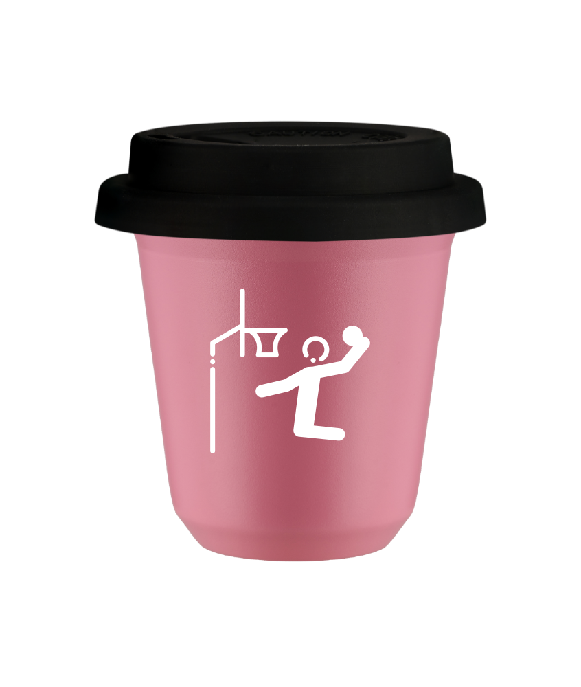 Kubek 150 ml RÓŻOWY "Koszykówka (biały)", z czarną pokrywką