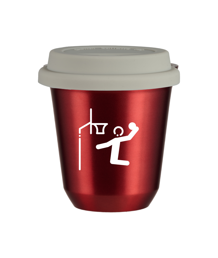 Kubek 240 ml CZERWONY METALIC "Koszykówka (biały)", z białą pokrywką