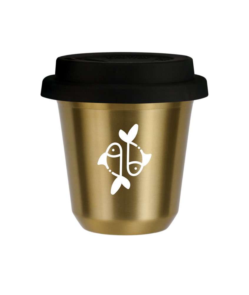 Kubek 240 ml ZŁOTY "Ryby (biały)", z czarną pokrywką