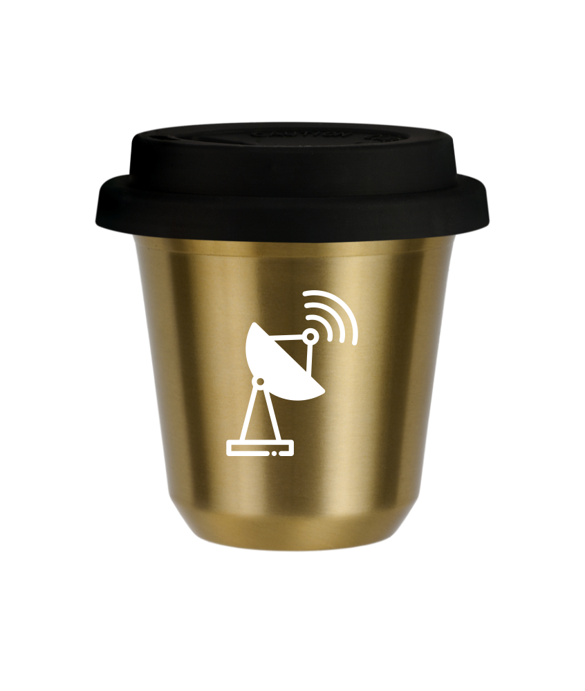 Kubek 240 ml ZŁOTY "Antena (biały)", z czarną pokrywką