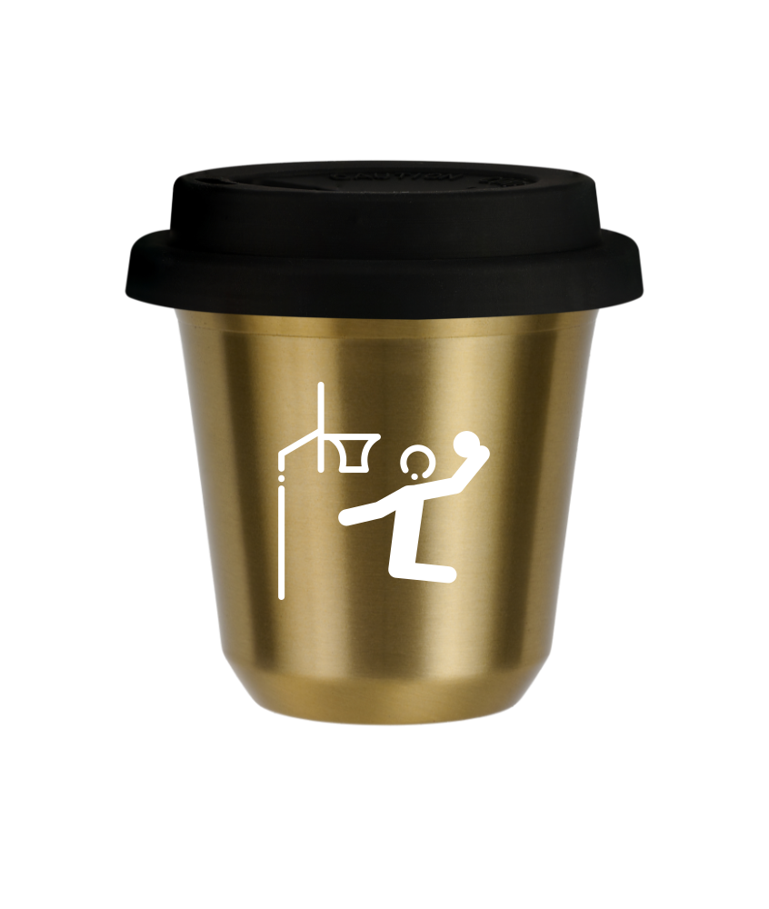 Kubek 240 ml ZŁOTY "Koszykówka (biały)", z czarną pokrywką