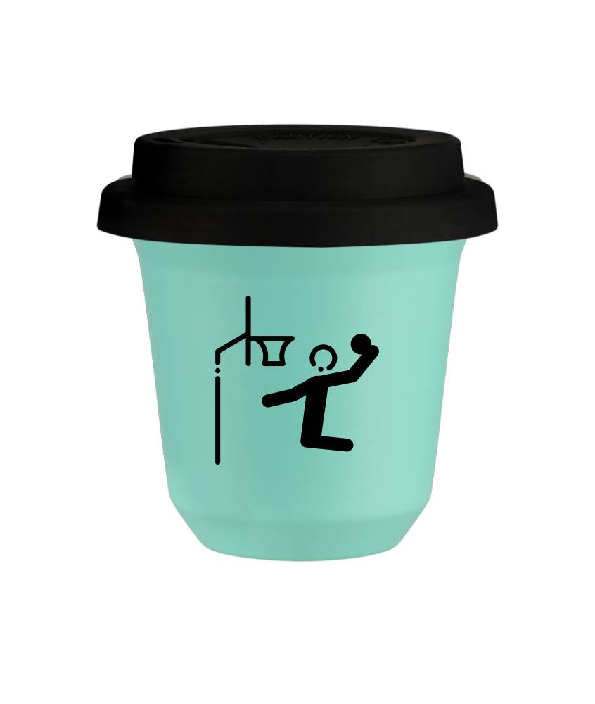 Kubek 240 ml TURKUSOWY "Koszykówka (czarny)", z czarną pokrywką