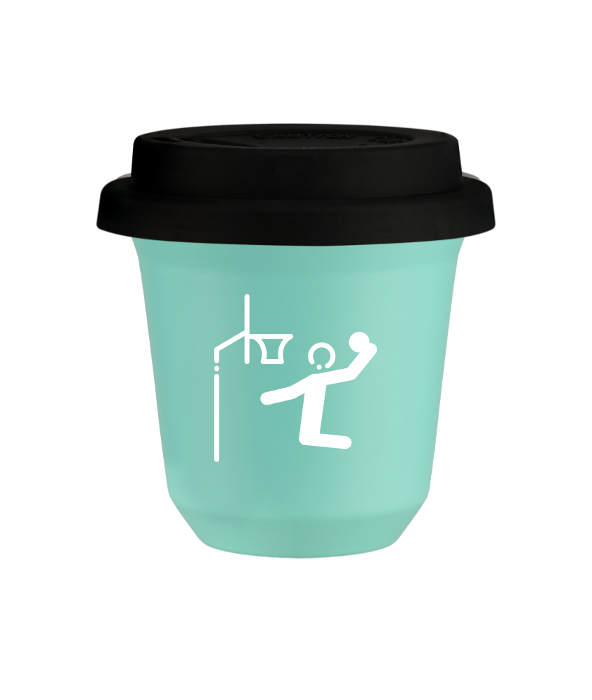 Kubek 240 ml TURKUSOWY "Koszykówka (biały)", z czarną pokrywką