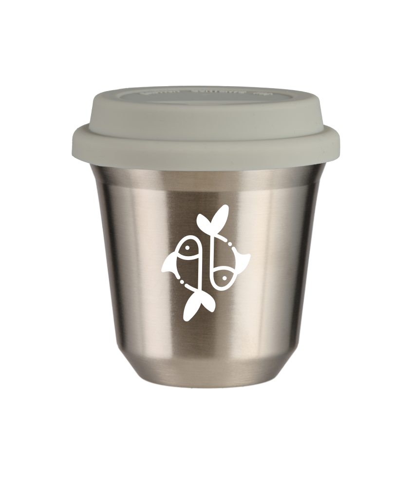 Kubek 240 ml SREBRNY "Ryby (biały)", z białą pokrywką