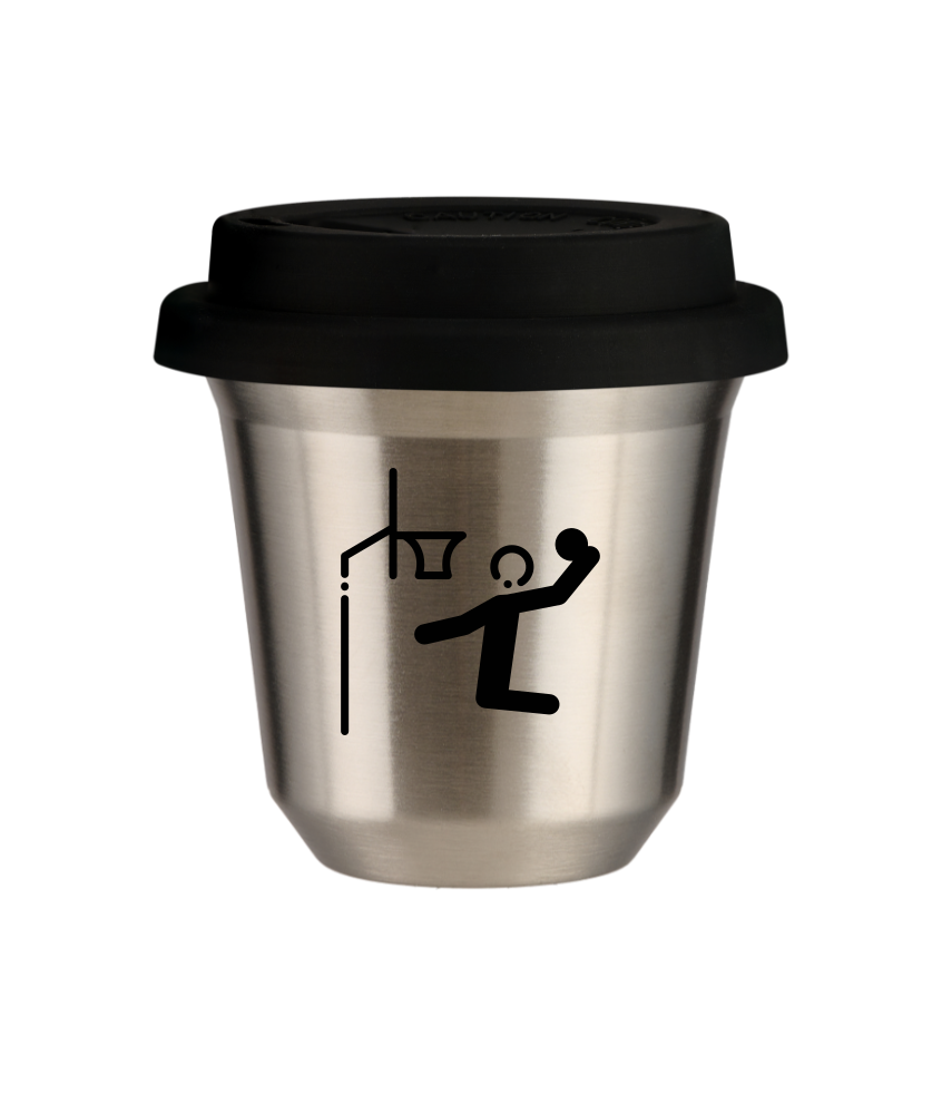 Kubek 240 ml SREBRNY "Koszykówka", z czarną pokrywką