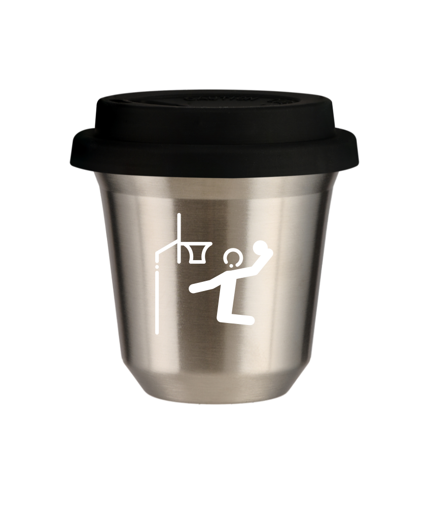 Kubek 240 ml SREBRNY "Koszykówka (biały)", z czarną pokrywką