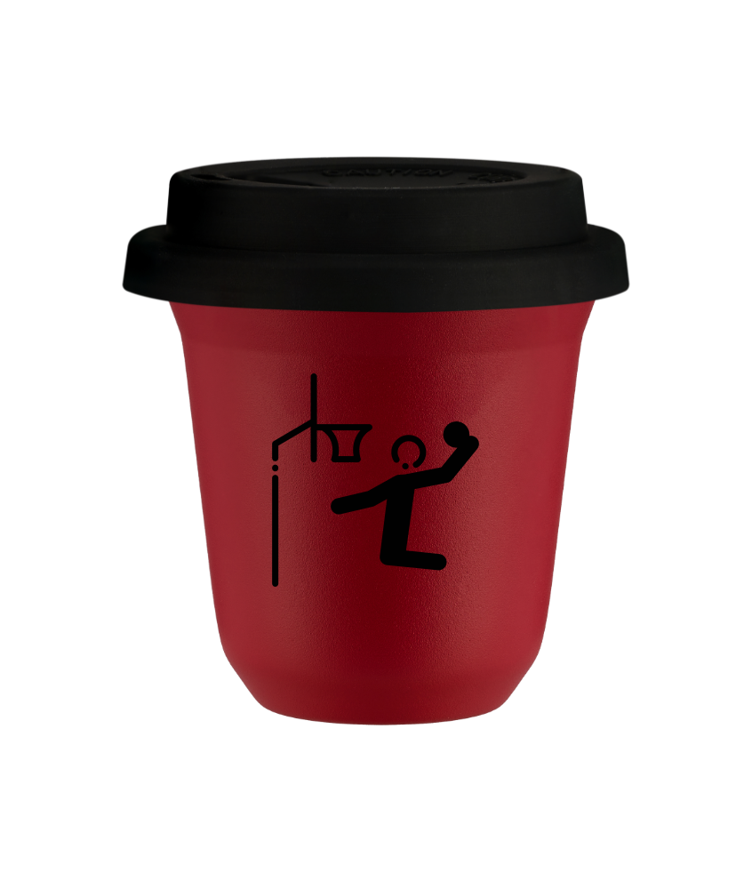 Kubek 240 ml CZERWONY "Koszykówka", z czarną pokrywką