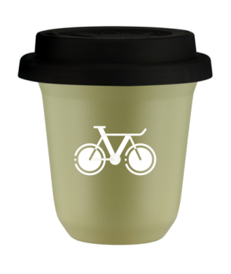 Kubek 240 ml PISTACJOWY "Rower 1 (biały)", z czarną pokrywką Kubek 240 ml PISTACJOWY "Rower 1 (biały)", z czarną pokrywką