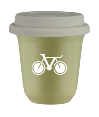 Kubek 240 ml PISTACJOWY "Rower 1 (biały)", z białą pokrywką Kubek 240 ml PISTACJOWY "Rower 1 (biały)", z białą pokrywką