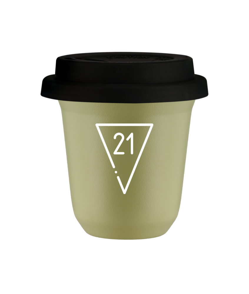 Kubek 240 ml PISTACJOWY "21 (biały)", z czarną pokrywką
