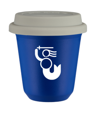Kubek navy blue 240 ml, WARSZAWSKA SYRENKA (bialy) z pokrywka biala