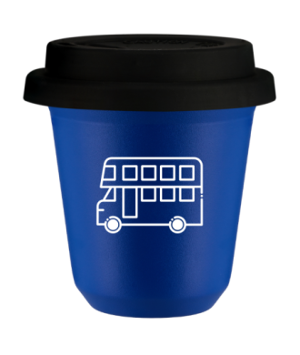 Kubek 240 ml NIEBIESKI "Autobus (biały)", z czarną pokrywką Kubek 240 ml NIEBIESKI "Autobus (biały)", z czarną pokrywką
