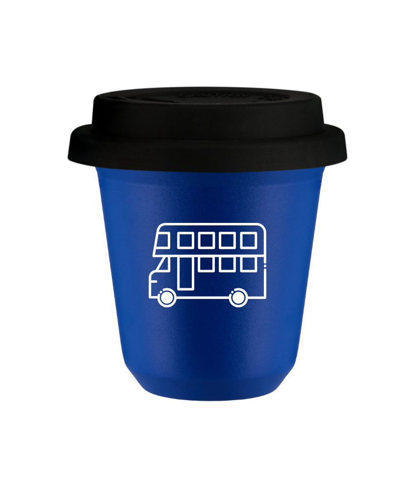 Kubek 240 ml NIEBIESKI "Autobus (biały)", z czarną pokrywką