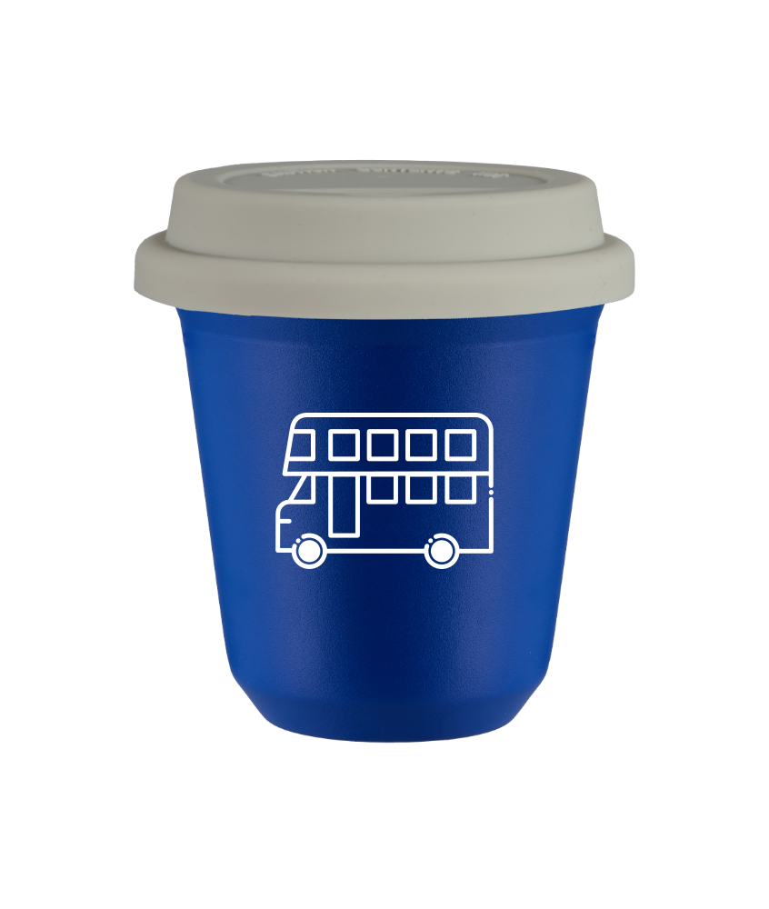 Kubek 240 ml NIEBIESKI "Autobus (biały)", z białą pokrywką