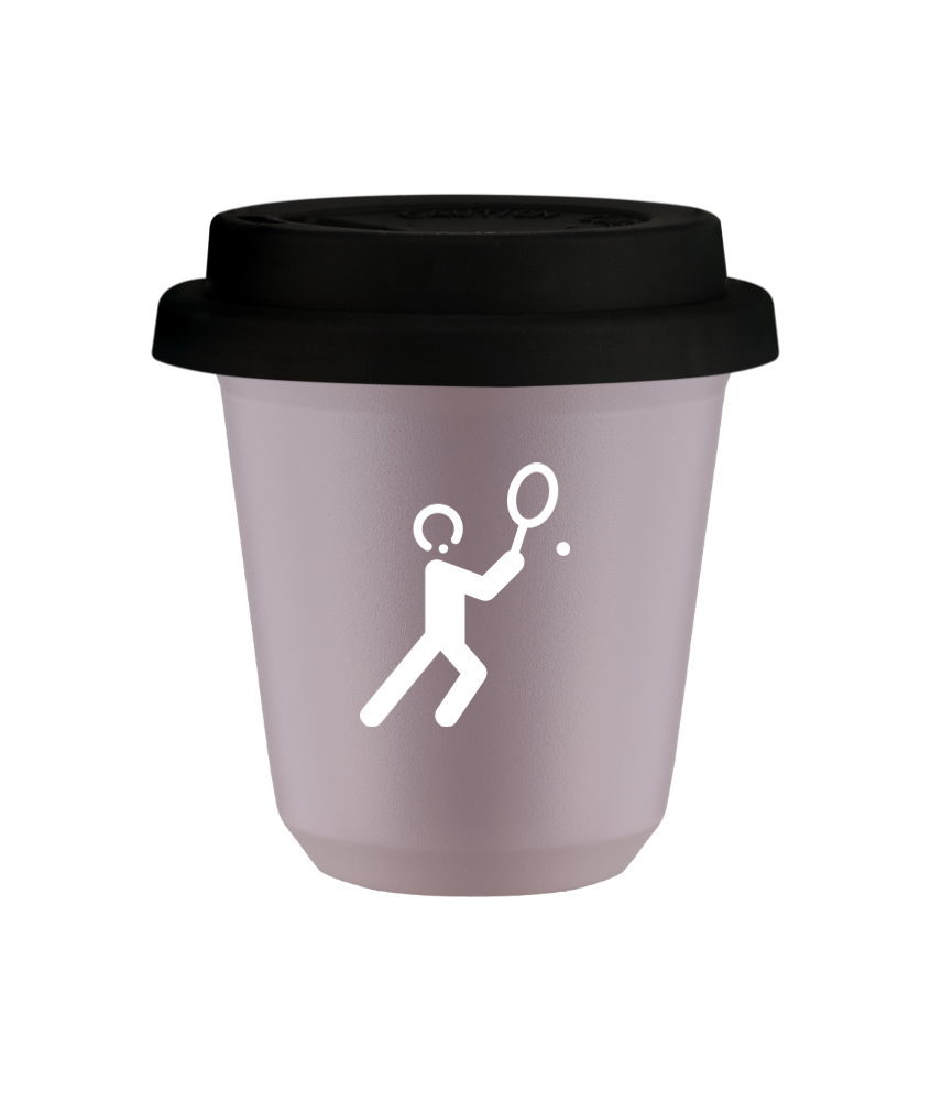 Kubek 240 ml LAWENDOWY "Tenis 1 (biały)", z czarną pokrywką