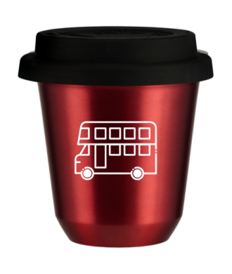 Kubek czerwony 240 ml, AUTOBUS (bialy) z pokrywka czarna