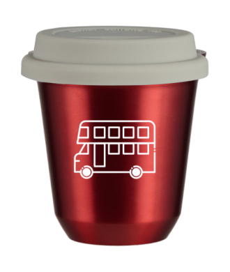 Kubek czerwony 240 ml, AUTOBUS (bialy) z pokrywka biala