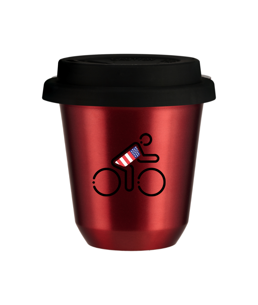 Cup 240 ml METALLIC RED "Cyclist in British colors (black)", with black lid
