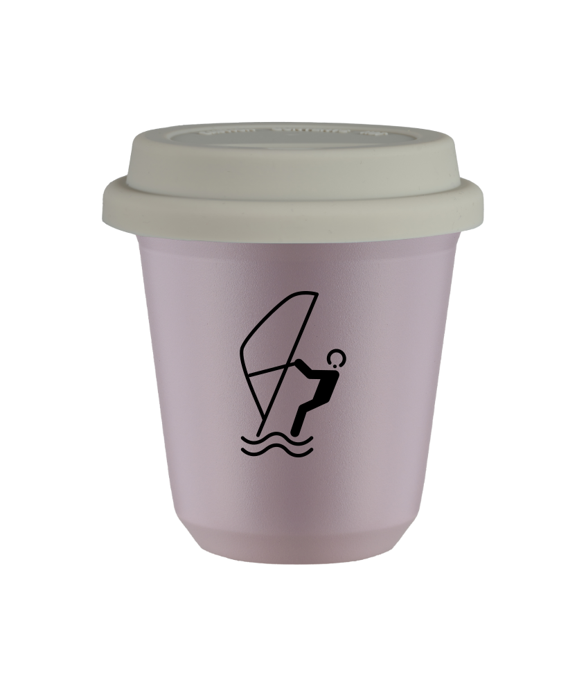 Kubek 240 ml LAWENDOWY "Sporty wodne (czarny)", z białą pokrywką