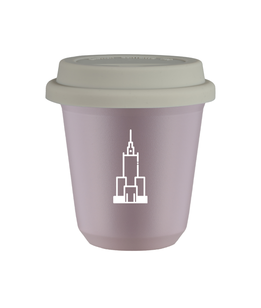 Kubek 240 ml LAWENDOWY "Pałac kultury i nauki (biały)", z białą pokrywką