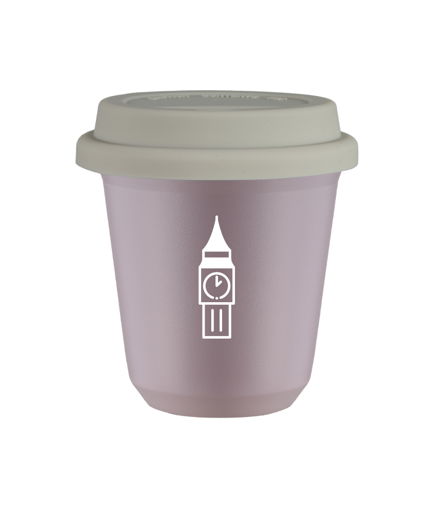 Kubek 240 ml LAWENDOWY "BIG BEN (biały)", z białą pokrywką
