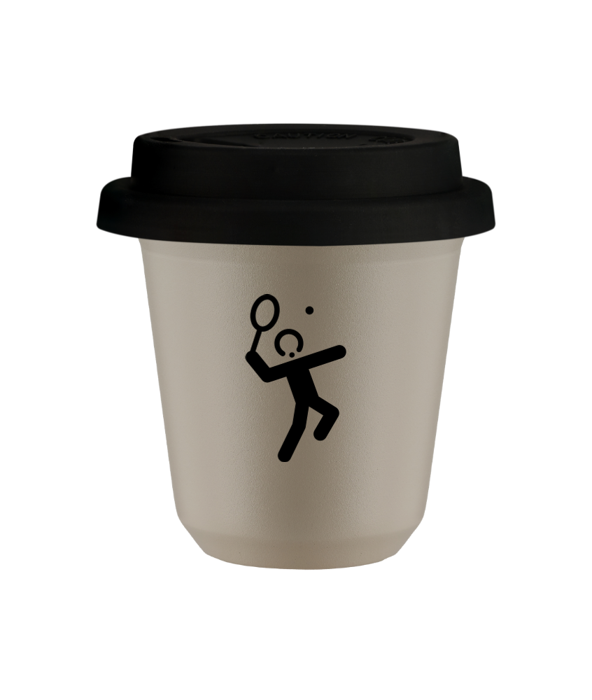 Kubek 240 ml BEŻOWY "Tenis 2 (czarny)", z czarną pokrywką