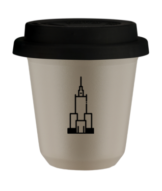 Kubek 240 ml BEŻOWY "Pałac kultury i nauki (czarny)", z czarną pokrywką Kubek 240 ml BEŻOWY "Pałac kultury i nauki (czarny)", z czarną pokrywką