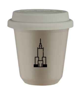 Kubek 240 ml BEŻOWY "Pałac kultury i nauki (czarny)", z białą pokrywką Kubek 240 ml BEŻOWY "Pałac kultury i nauki (czarny)", z białą pokrywką