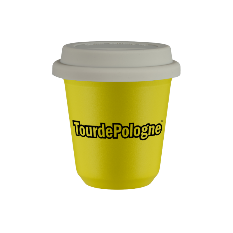 Kubek 80 ml ŻÓŁTY "Tour de Pologne", z białą pokrywką