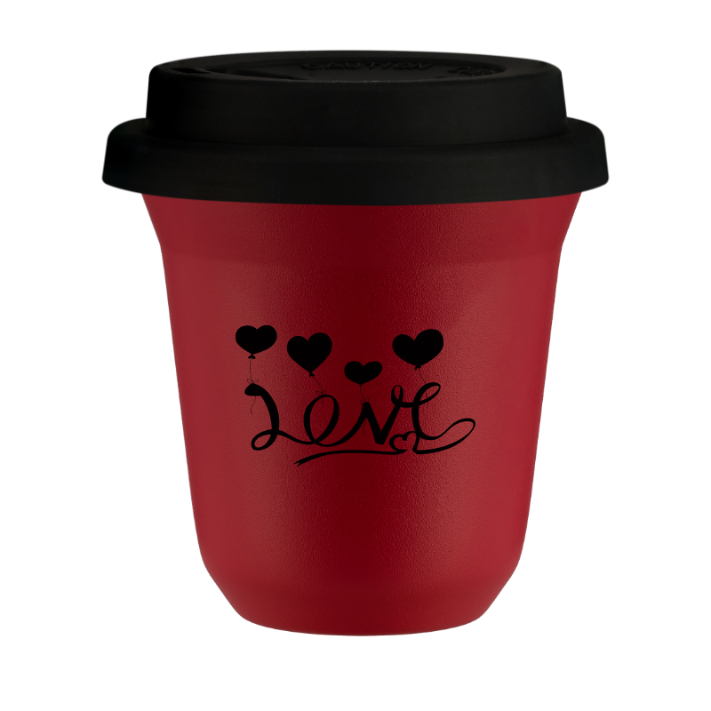 Kubek 240 ml CZERWONY "Love", z czarną pokrywką