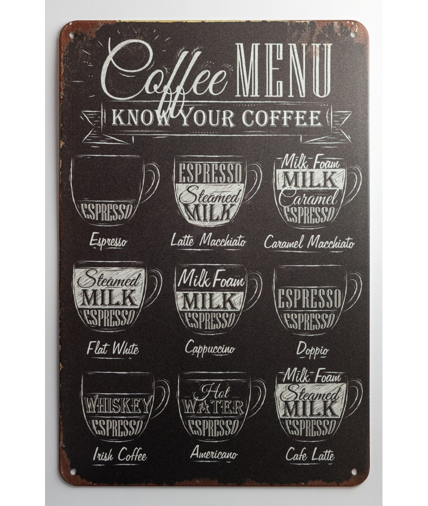Metalowa tablica „Coffee Menu – Know Your Coffee” kubek termiczny na kawe | 49,00 zł Metalowa tablica „Coffee Menu – Know Your Coffee” kubek termiczny na kawe | 49,00 zł