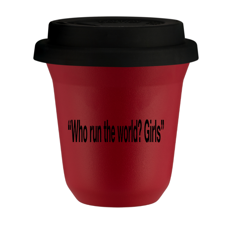 Kubek 150 ml CZERWONY "Who run the world? Girls", z czarną pokrywką