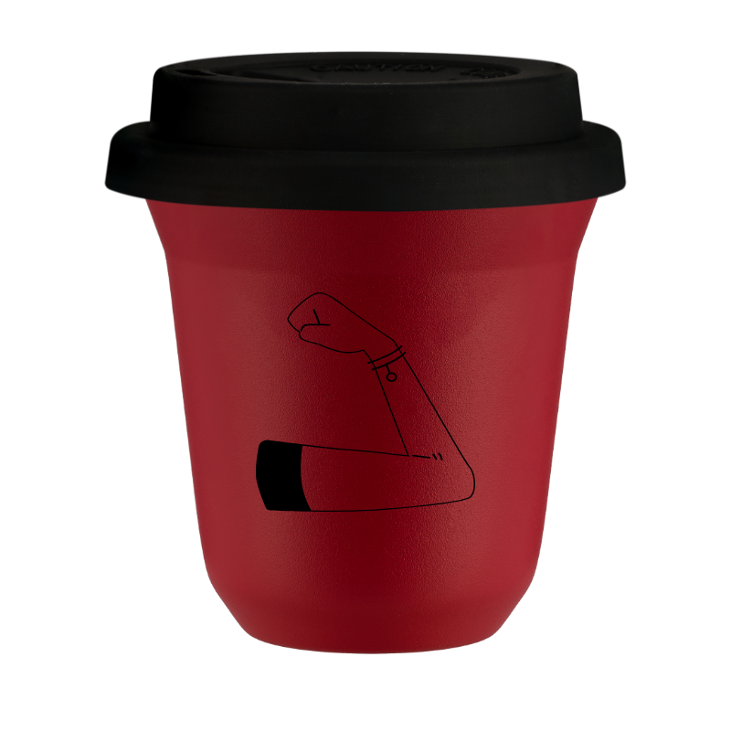 Kubek 80 ml CZERWONY "Woman power", z czarną pokrywką