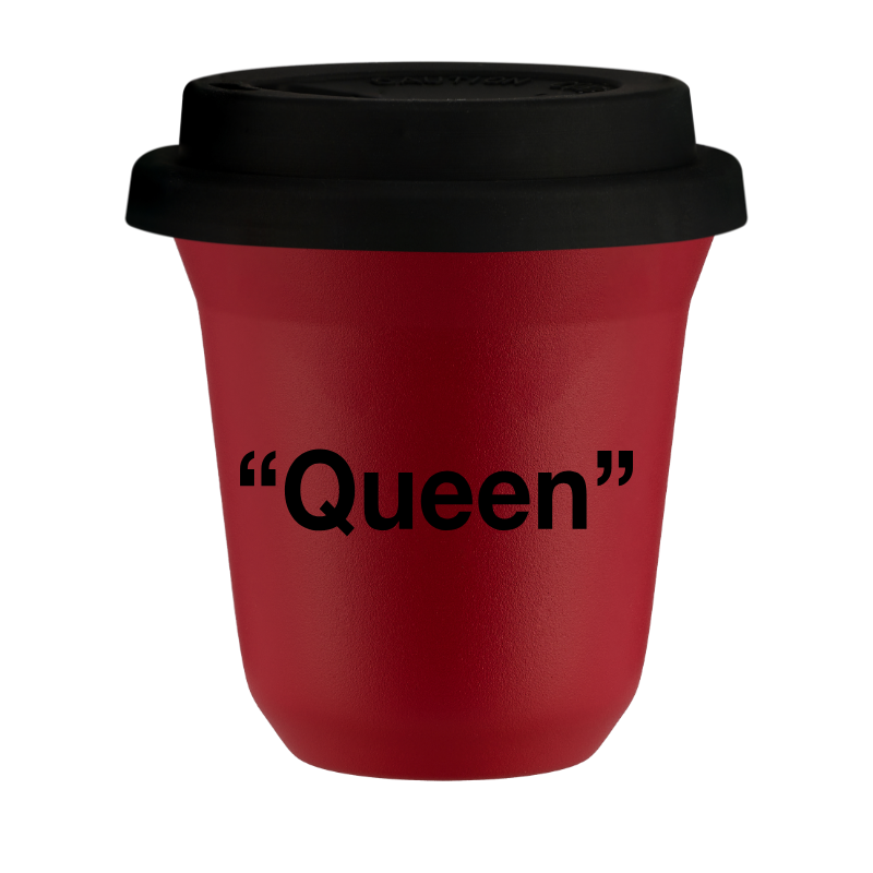Kubek 150 ml CZERWONY "Queen", z czarną pokrywką