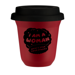 Kubek 240 ml CZERWONY "I am a woman. What's your superpower?", z czarną pokrywką