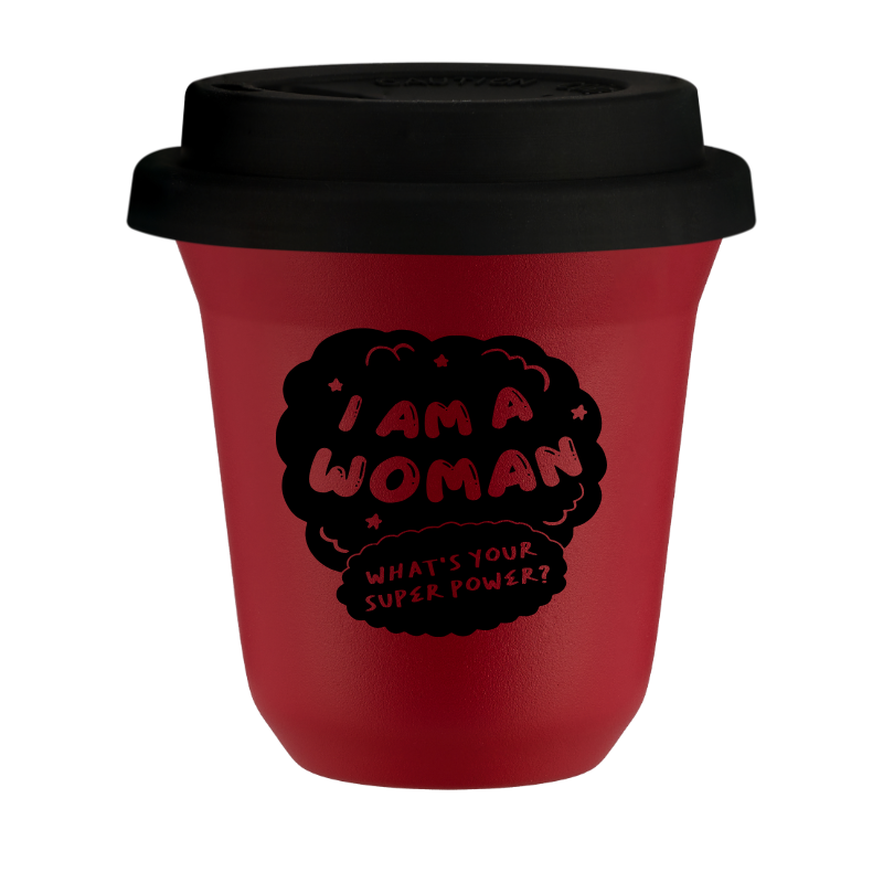 Kubek 240 ml CZERWONY "I am a woman. What's your superpower?", z czarną pokrywką