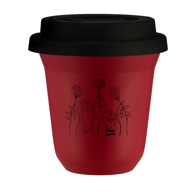 Kubek 150 ml CZERWONY "Kwiaty", z czarną pokrywką