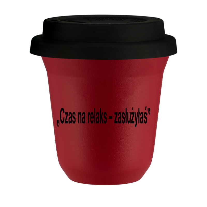 Kubek 240 ml CZERWONY "Czas na relaks - zasłużyłaś", z czarną pokrywką