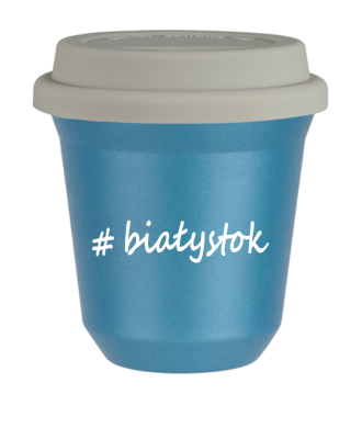Kubek 150 ml BŁĘKITNY METALIC Białystok z pokrywką biala