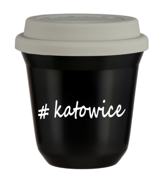 Kubek 150 ml CZARNY Katowice z pokrywką biala