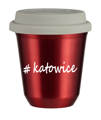 Kubek 150 ml CZERWONY METALIC Katowice z pokrywką biala