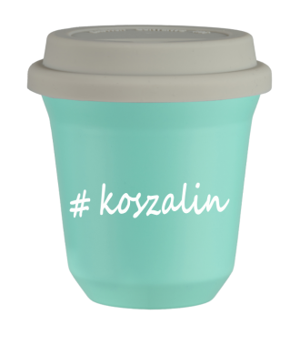 Kubek 240 ml TURKUSOWY Koszalin z pokrywką biala