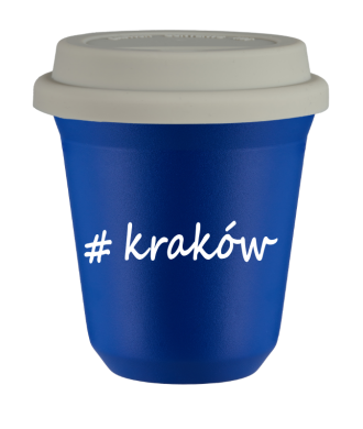 Kubek 240 ml NIEBIESKI Kraków z pokrywką biala