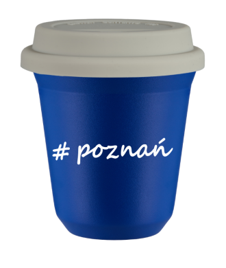 Kubek 240 ml NIEBIESKI Poznań z pokrywką biala